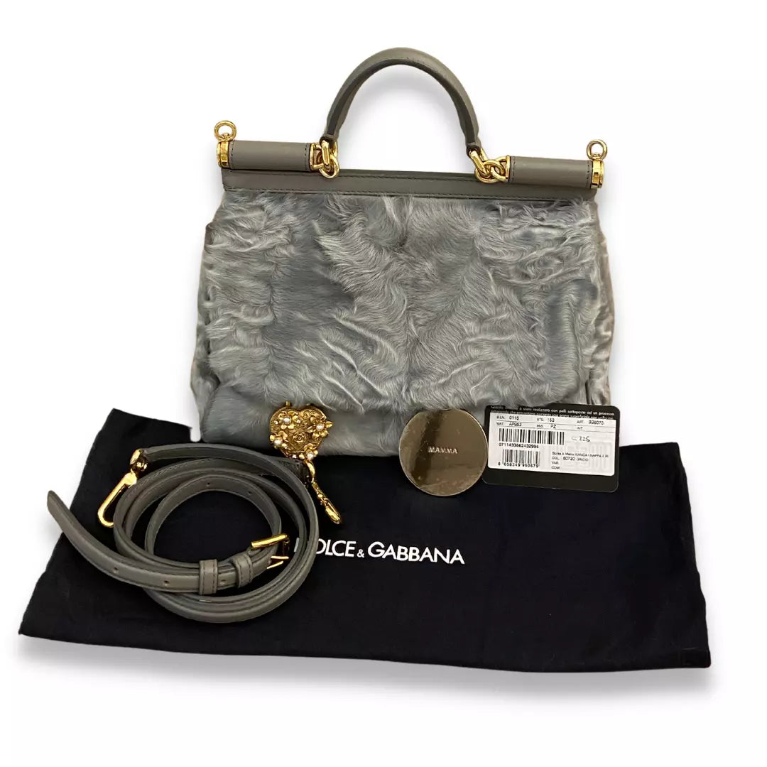 DOLCE & GABBANA GREY ASTRAKHAN FUR SICILY BAG