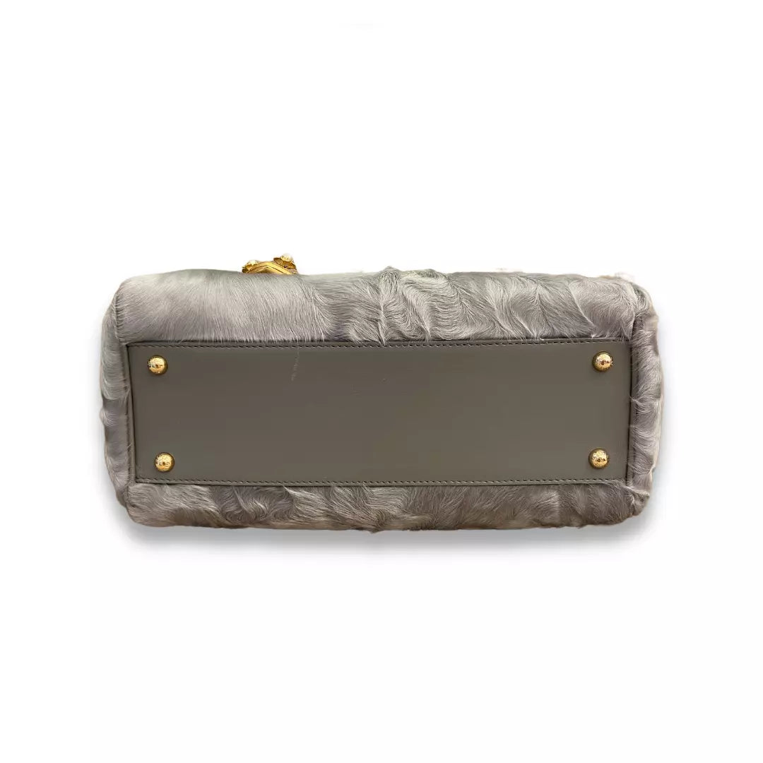 DOLCE & GABBANA GREY ASTRAKHAN FUR SICILY BAG