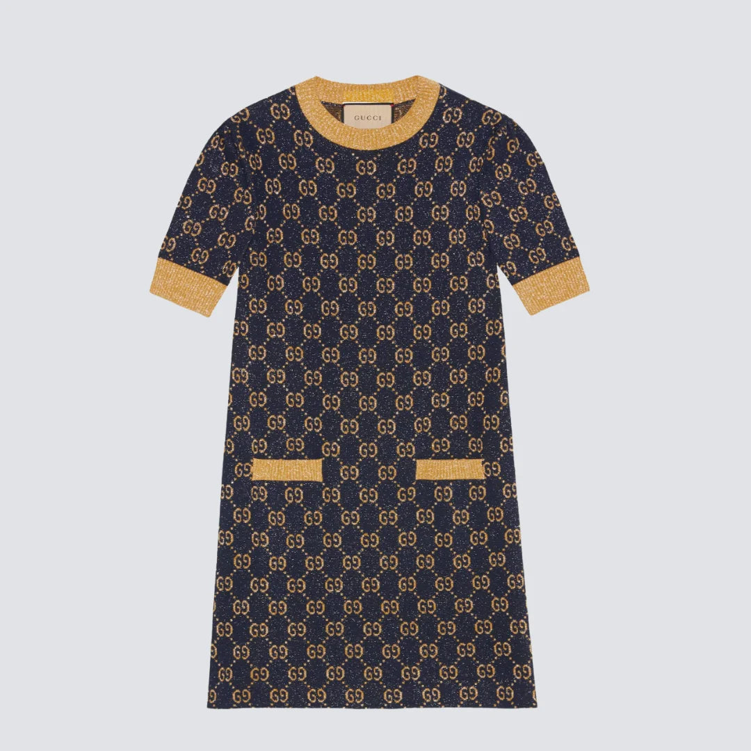 GUCCI BLUE GOLD COTTON LAM GG DRESS GUCCI BLUE GOLD COTTON LAM GG DRESS