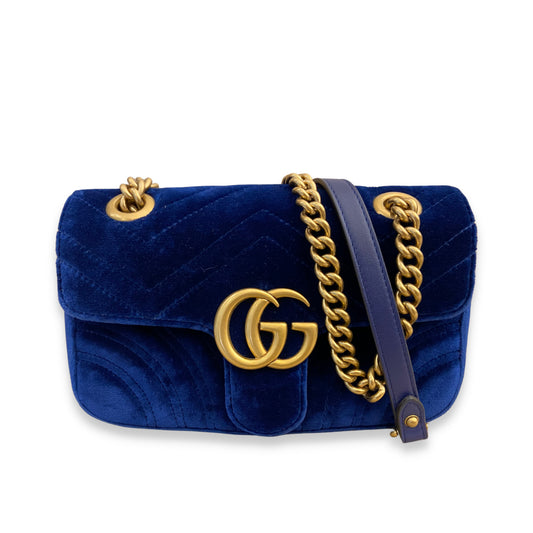 GUCCI BLUE MATELASSÉ VELVET GG MARMONT BAG