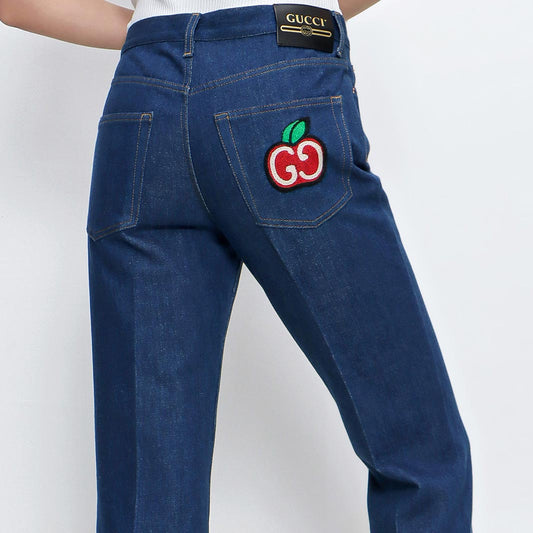 GUCCI BLUE COTTON 2020 APPLE GG LOGO PATCH JEANS