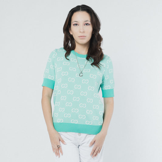 GUCCI GG GREEN WOOL COTTON JACQUARD KNITTED TOP