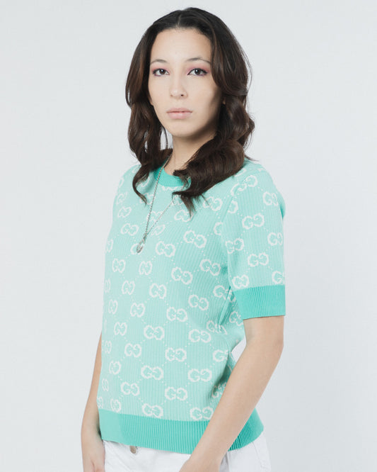 GUCCI GG GREEN WOOL COTTON JACQUARD KNITTED TOP