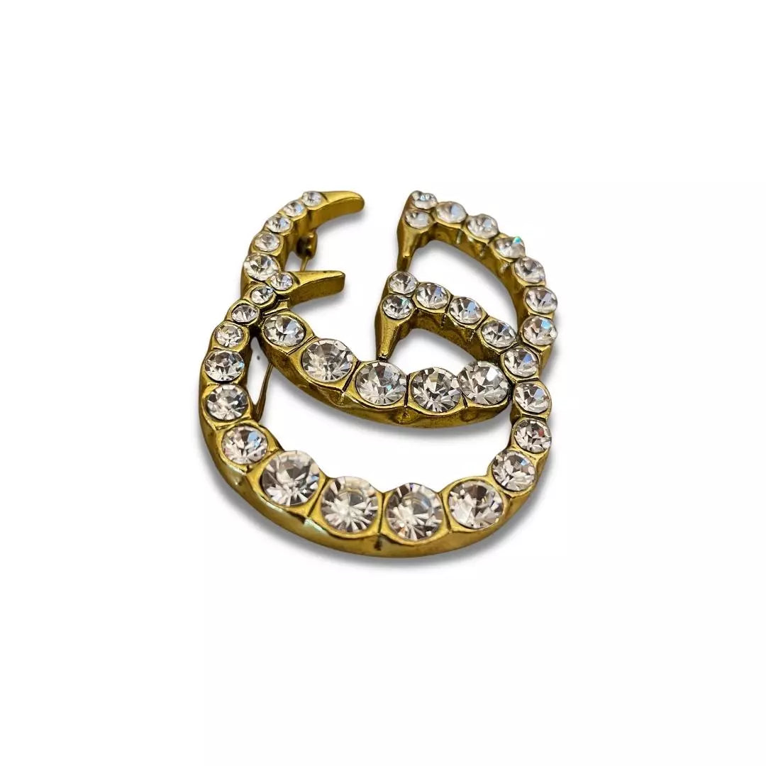 GUCCI GOLD METAL AND CRYSTALS DOUBLE G BROOCH