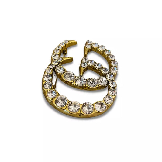 GUCCI GOLD METAL AND CRYSTALS DOUBLE G BROOCH