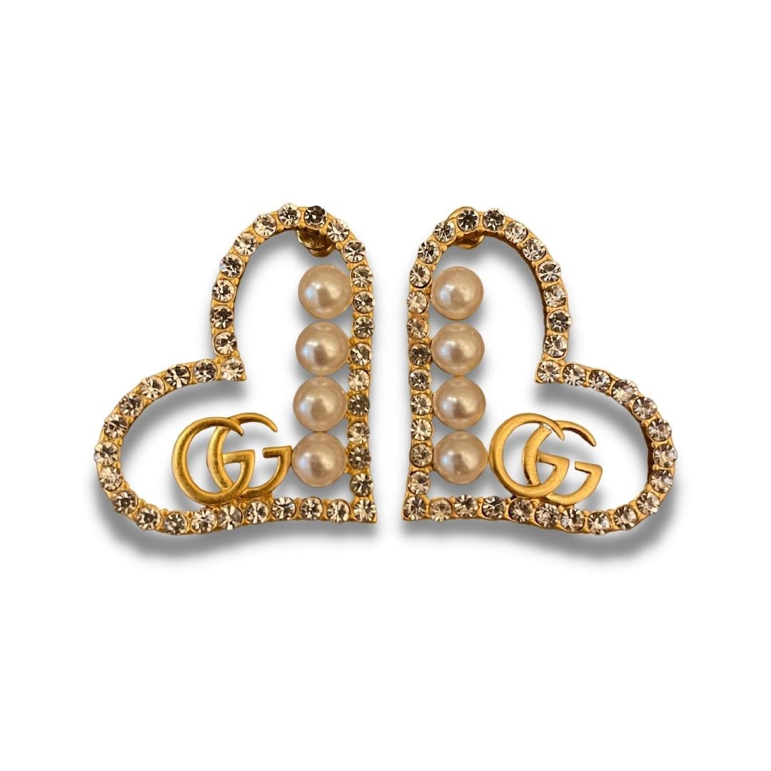 GUCCI HEART CRYSTAL/PEARLS EARRINGS