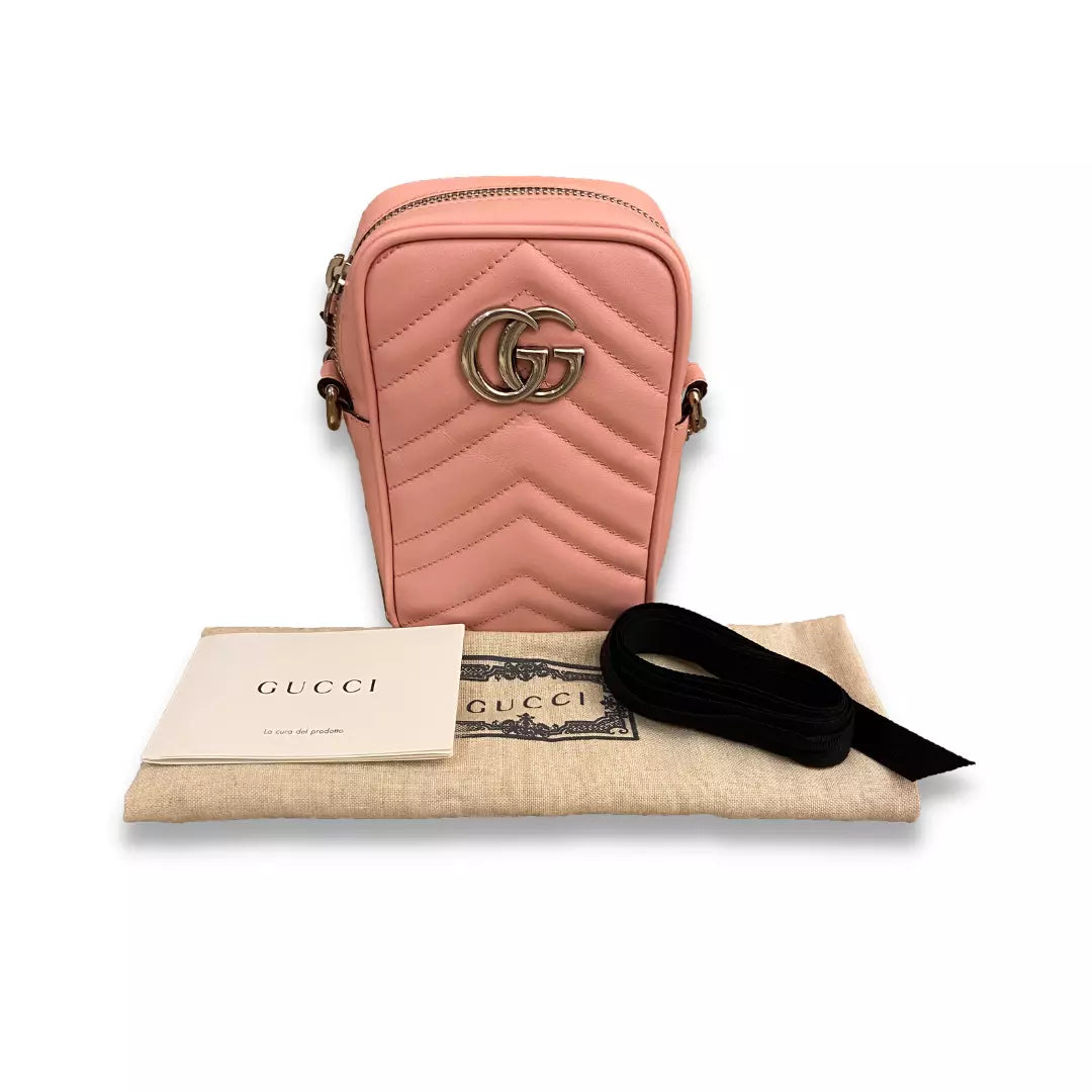 GUCCI PINK MATELASSÉ LEATHER GG MARMONT MINI BAG