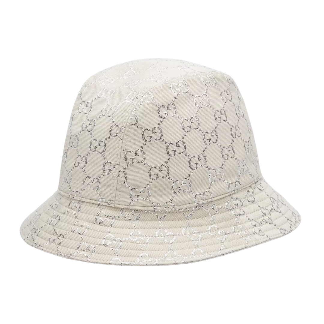 GUCCI WHITE GG LAMÉ BUCKET HAT