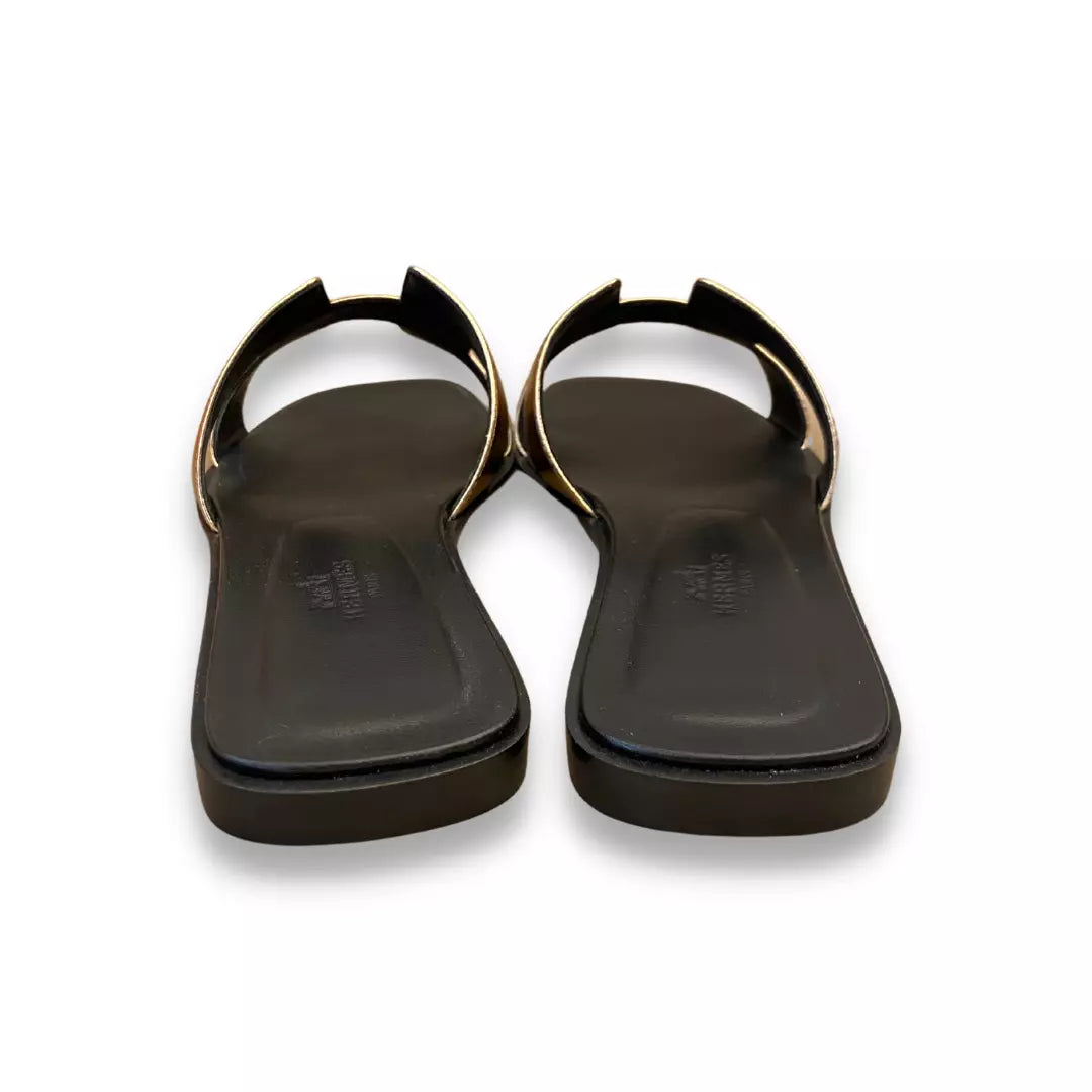 HERMÈS BLACK & GOLD ORAN SANDALS SHOES
