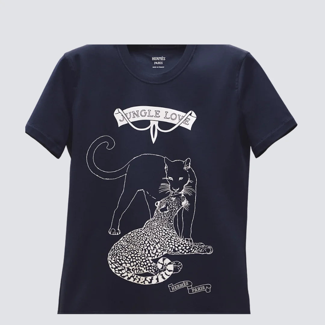 HERMÈS BLUE COTTON MICRO PRINT JUNGLE LOVE T-SHIRT