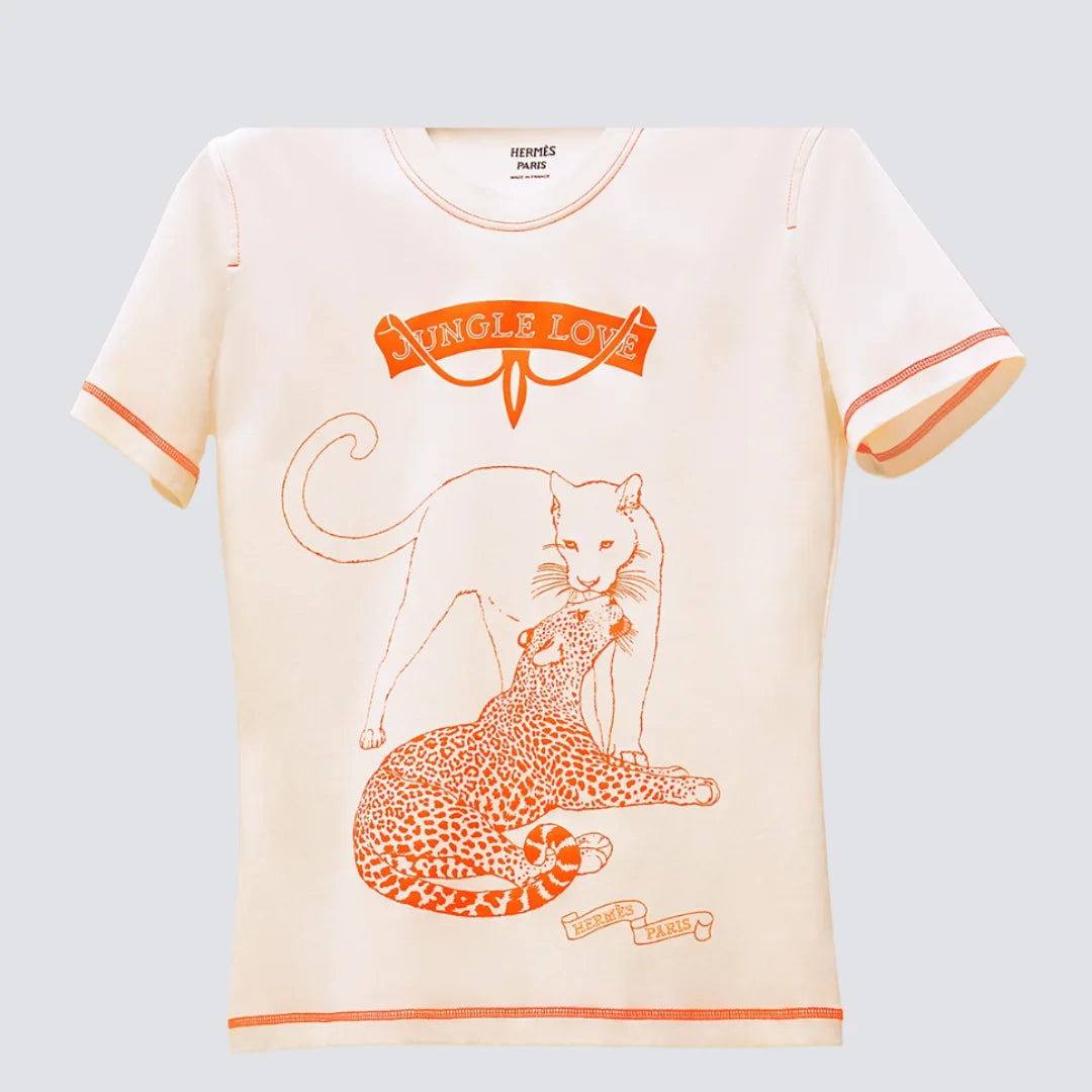 HERM S ORANGE COTTON MICRO PRINT JUNGLE LOVE T SHIRT EYE LUXURY