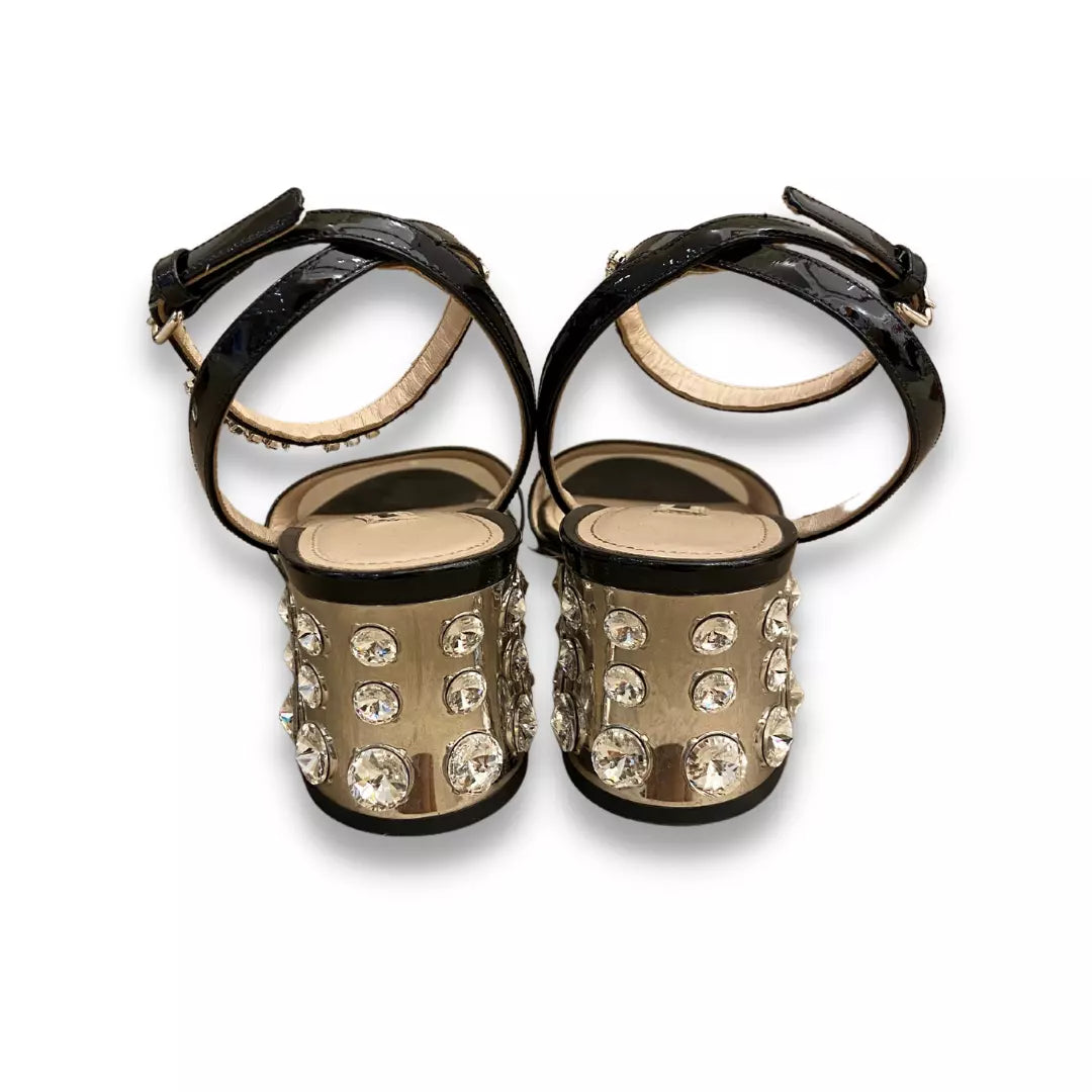 MIU MIU BLACK LEATHER CRYSTAL BLOCK SANDALS