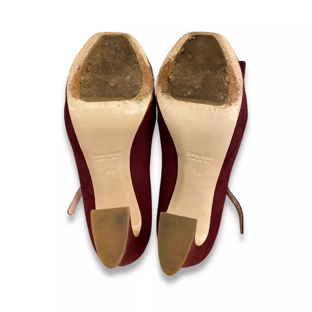MIU MIU BURGUNDY SUEDE MARY JANE BOW PLATFORM