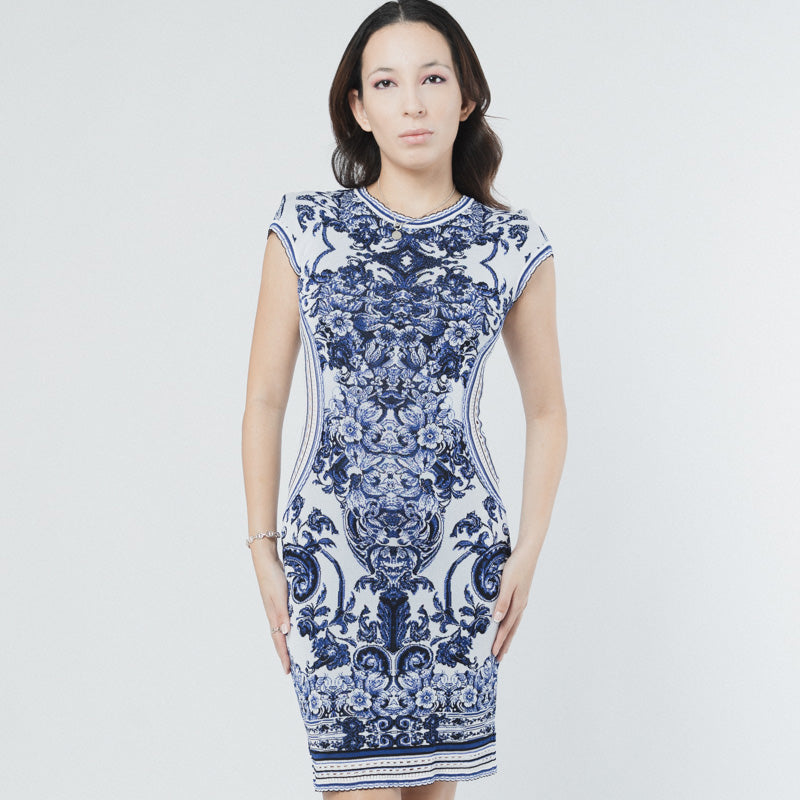 ROBERTO CAVALLI WHITE/BLUE COCKTAIL DRESS