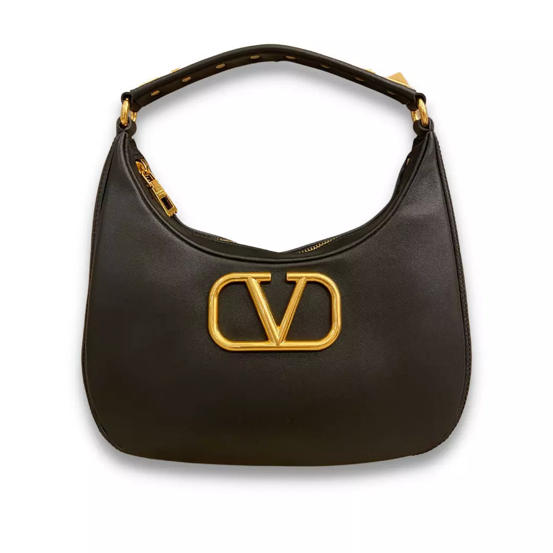 VALENTINO BLACK LEATHER STUD SIGN HOBO BAG