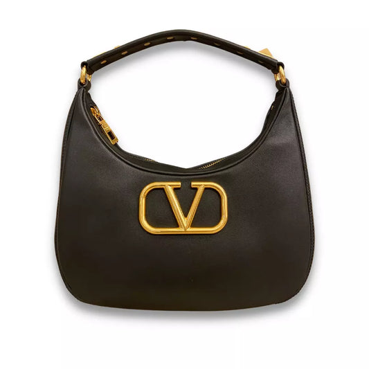 VALENTINO BLACK LEATHER STUD SIGN HOBO BAG