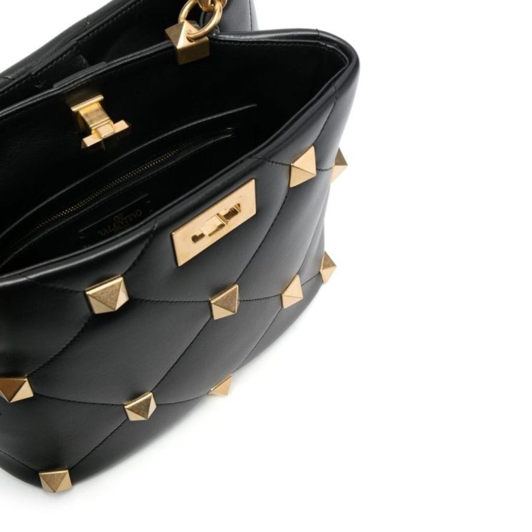 Valentino Black Nappa Leather Roman Stud The Handle Bag
