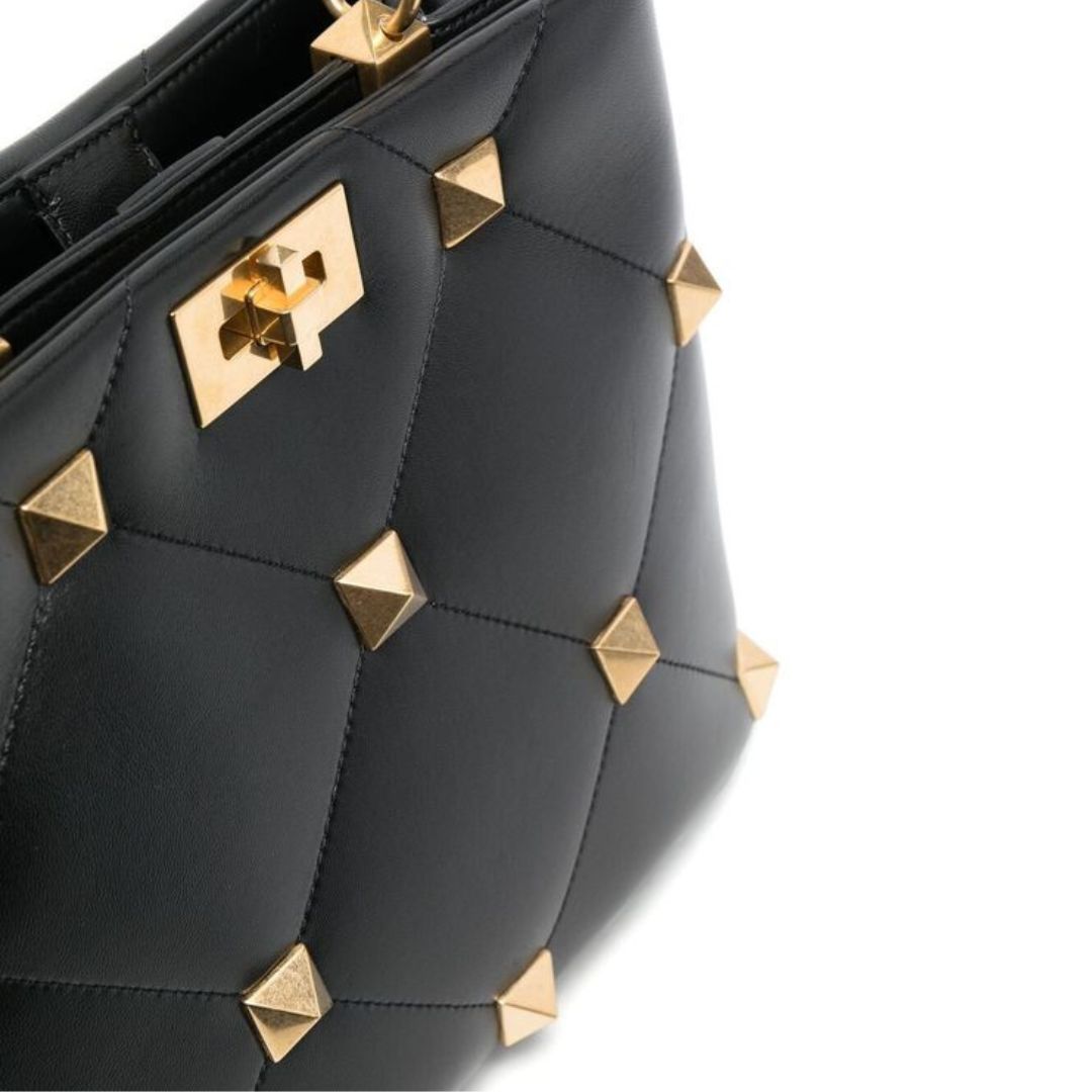 Valentino Black Nappa Leather Roman Stud The Handle Bag