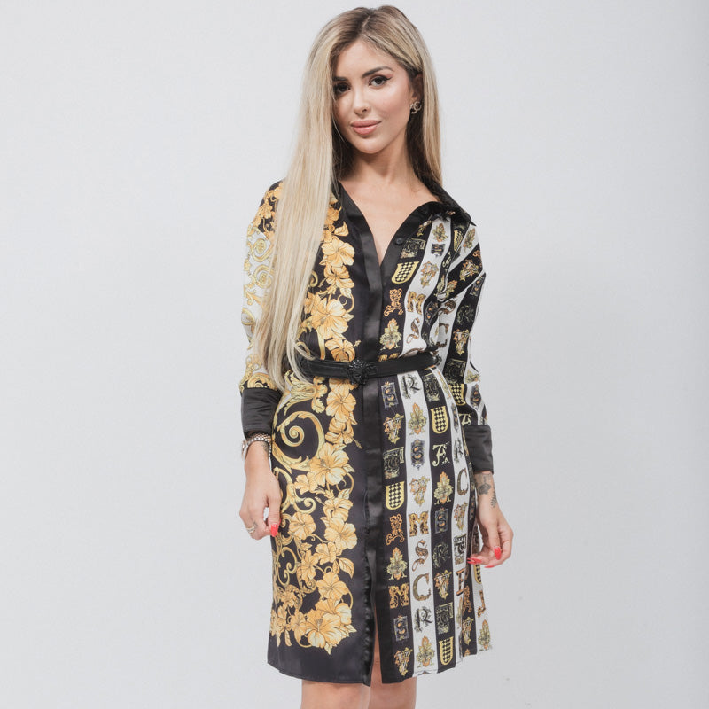 Versace MULTI COLOR SATIN CHEMISIER DRESS