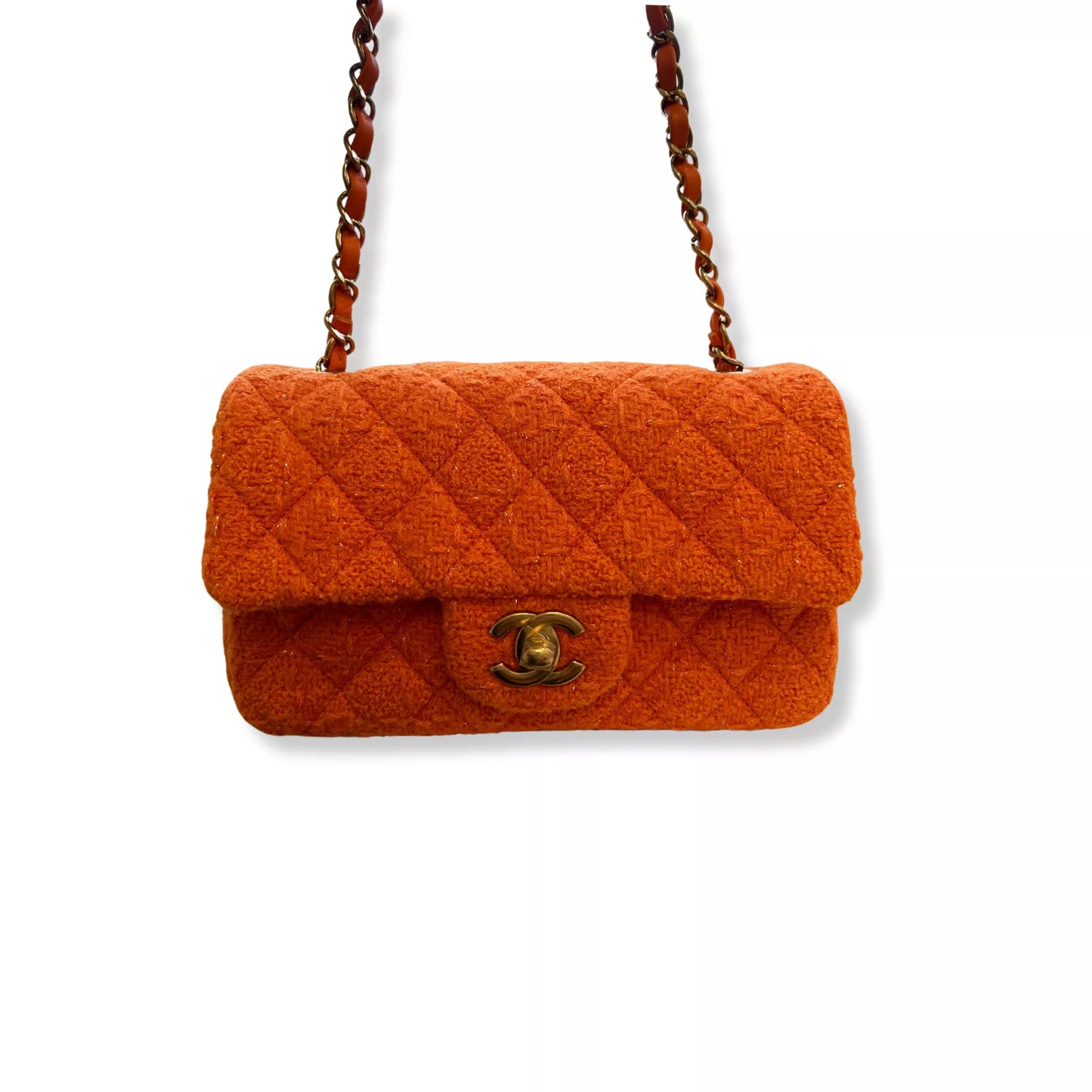 CHANEL TWEED SMALL ORANGE CLASSIC FLAP