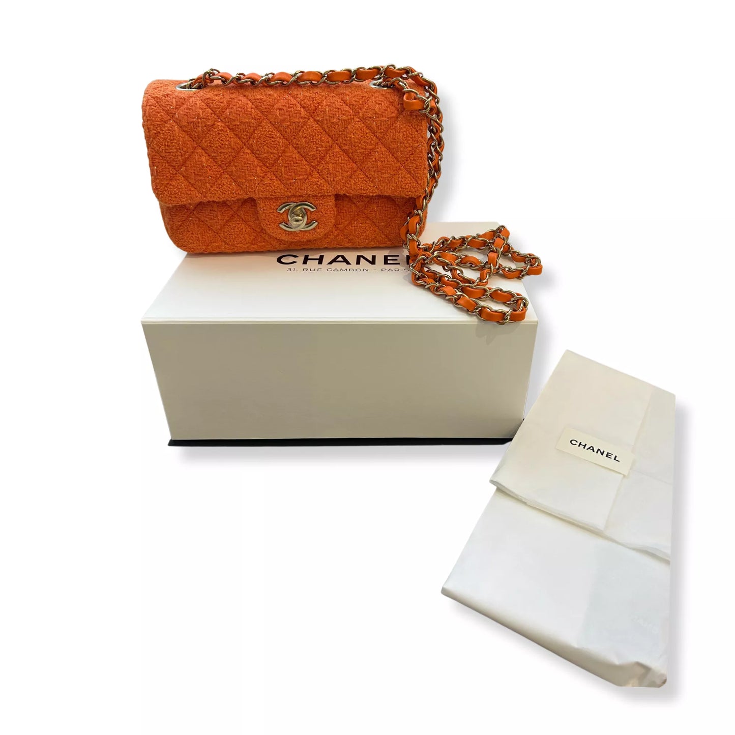 CHANEL TWEED SMALL ORANGE CLASSIC FLAP