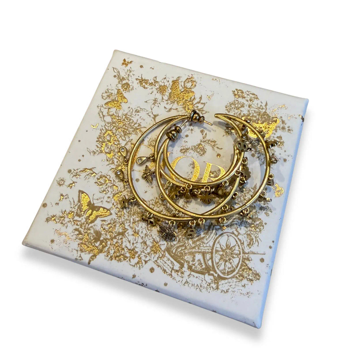 DIOR GOLD-TONE DOUBLE HOOP CHARM EARRINGS