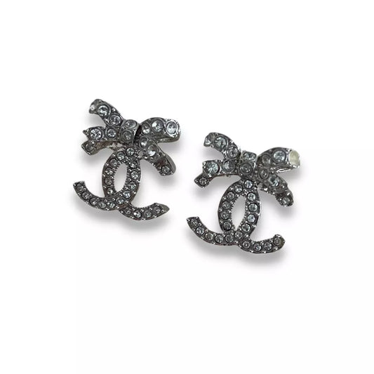 CHANEL SILVER CC CRYSTAL & RIBBONS EARRINGS