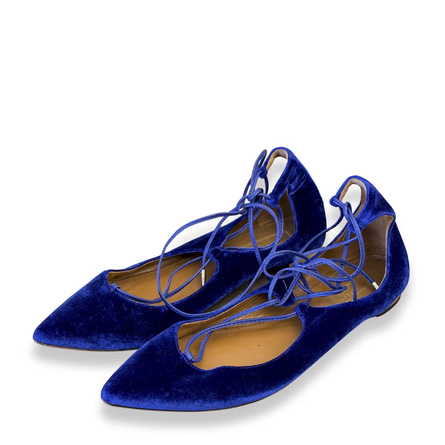 AQUAZZURA COBALT BLUE VELVET LACE-UP FLATS