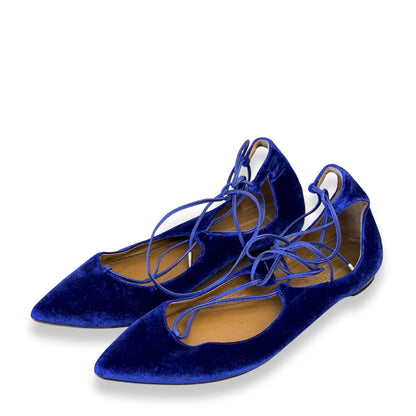 AQUAZZURA COBALT BLUE VELVET LACE-UP FLATS