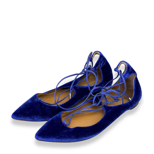 AQUAZZURA COBALT BLUE VELVET LACE-UP FLATS