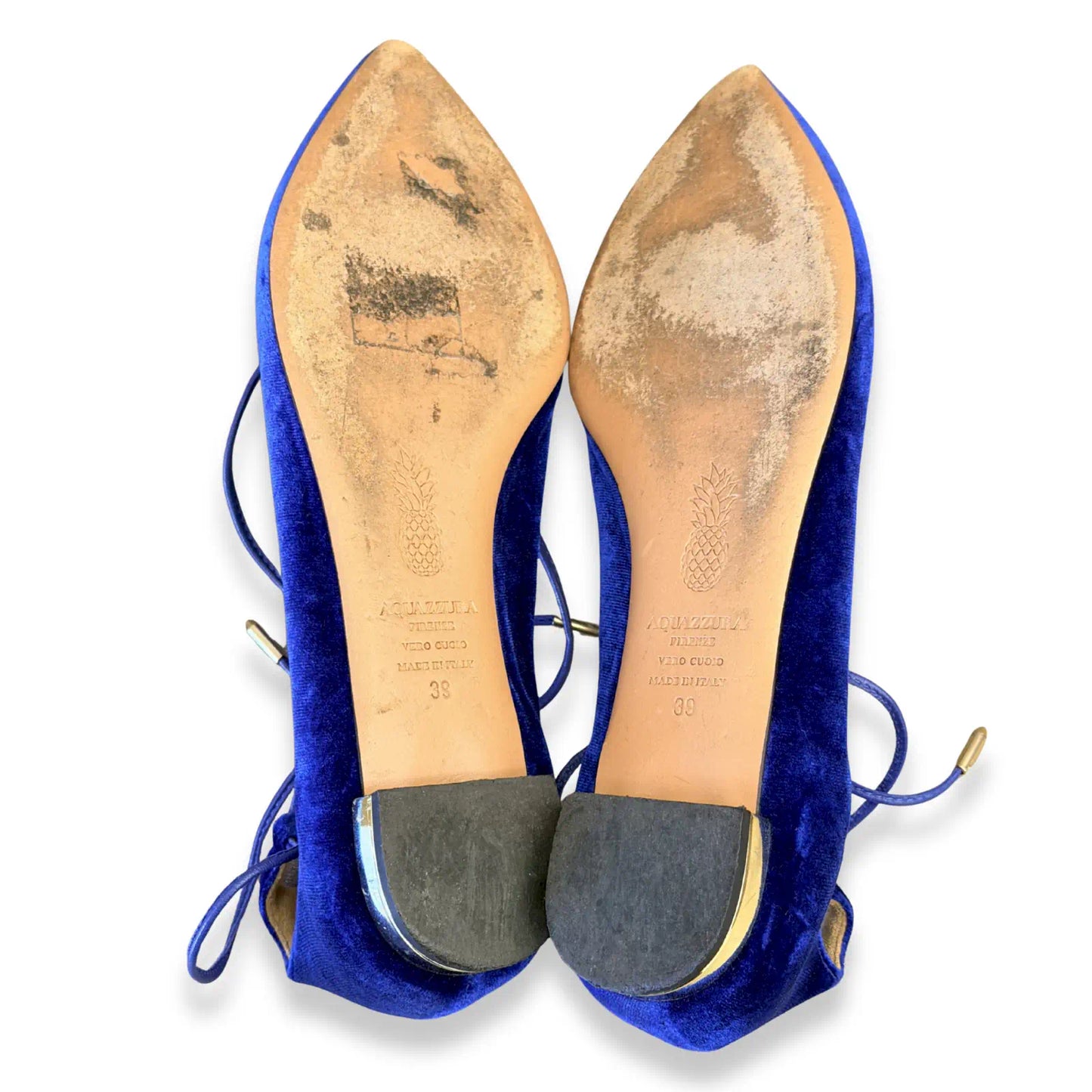 AQUAZZURA COBALT BLUE VELVET LACE-UP FLATS