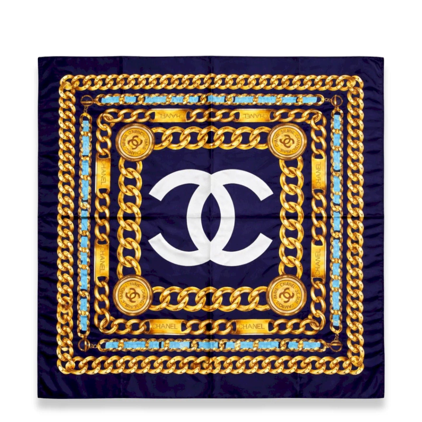 CHANEL NAVY SILK SCARF WITH GOLD CHAIN PRINT