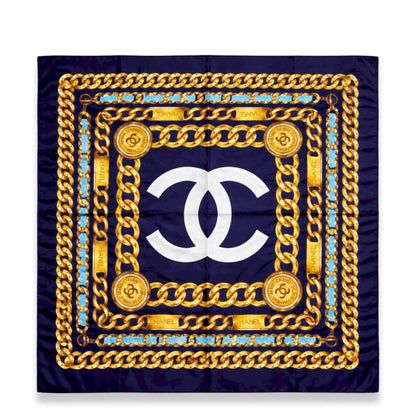 CHANEL NAVY SILK SCARF WITH GOLD CHAIN PRINT