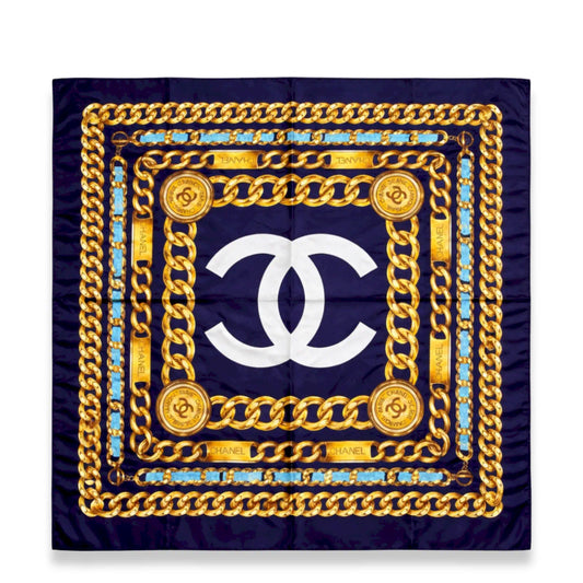 CHANEL NAVY SILK SCARF WITH GOLD CHAIN PRINT