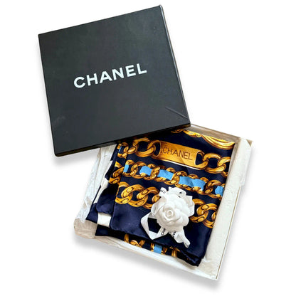 CHANEL NAVY SILK SCARF WITH GOLD CHAIN PRINT