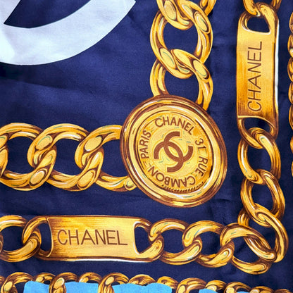 CHANEL NAVY SILK SCARF WITH GOLD CHAIN PRINT