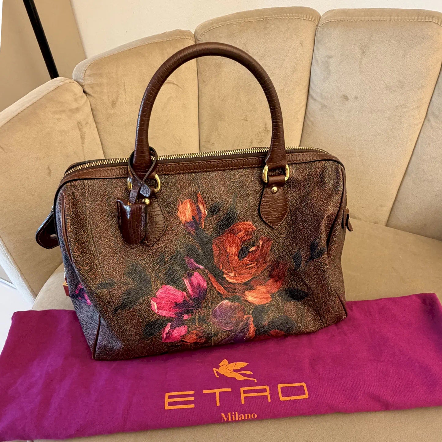 ETRO FLORAL PAISLEY PRINT LEATHER HANDLE BOWLING BAG