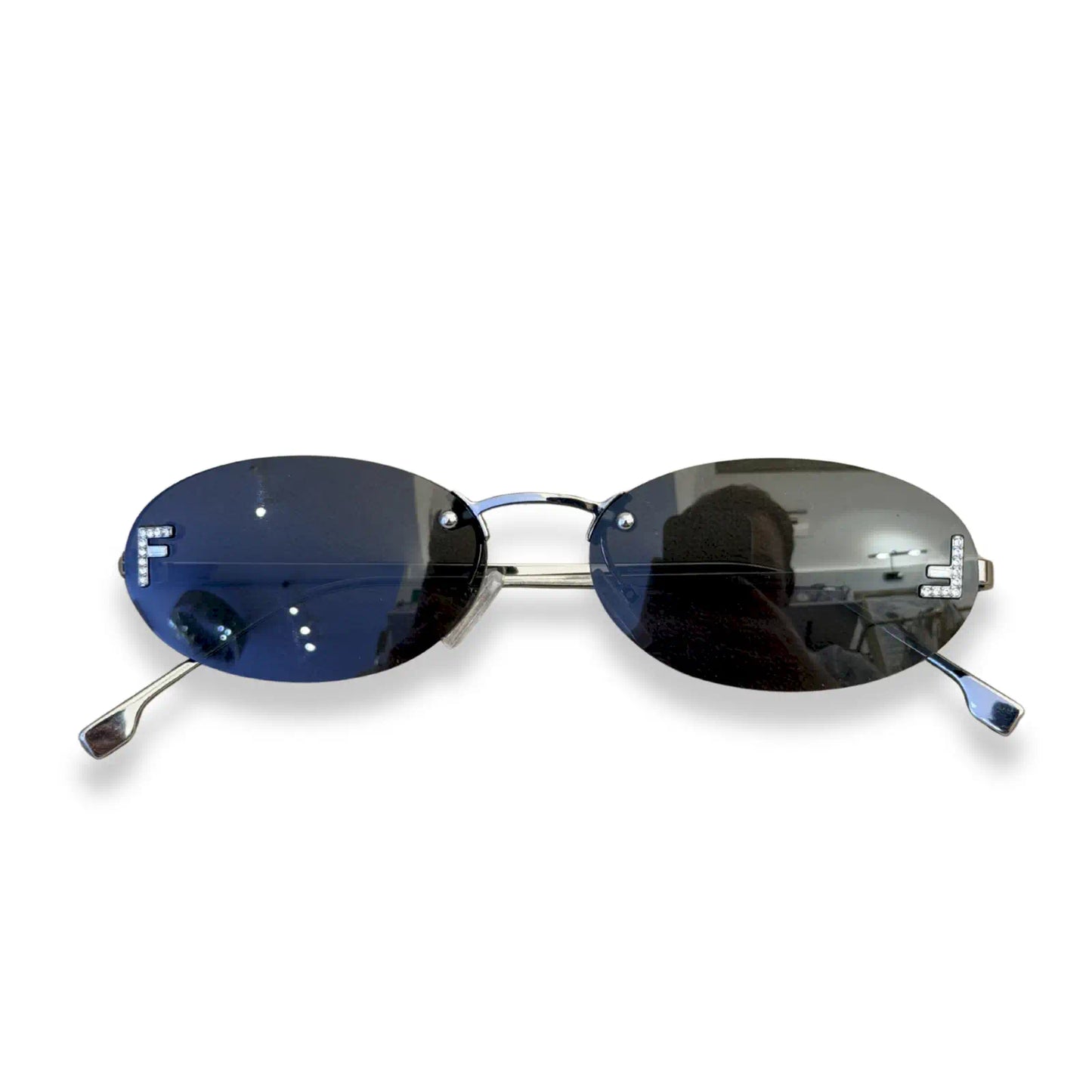 FENDI RIMLESS OVAL SUNGLASSES SILVER FRAME BLACK LENSES