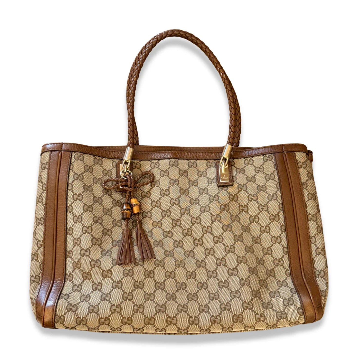 GUCCI BEIGE GG CANVAS BRAIDED HANDLE TOTE BAG