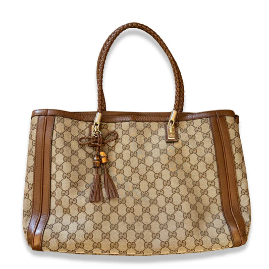 GUCCI BEIGE GG CANVAS BRAIDED HANDLE TOTE BAG