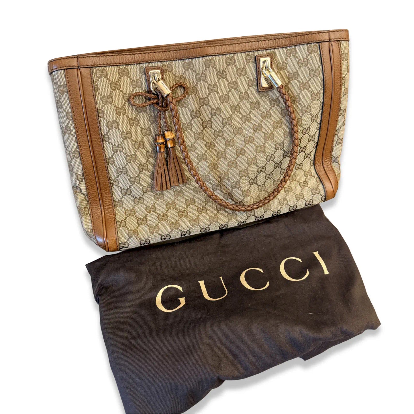 GUCCI BEIGE GG CANVAS BRAIDED HANDLE TOTE BAG