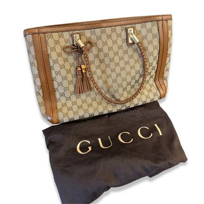 GUCCI BEIGE GG CANVAS BRAIDED HANDLE TOTE BAG