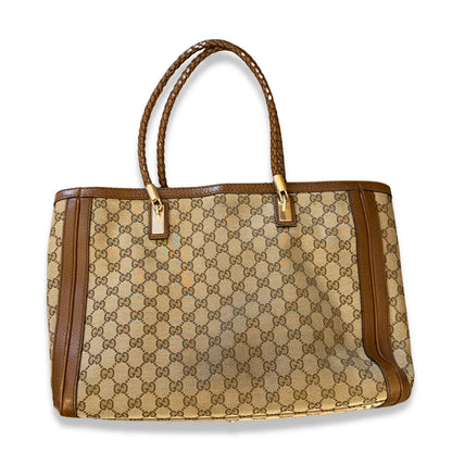 GUCCI BEIGE GG CANVAS BRAIDED HANDLE TOTE BAG