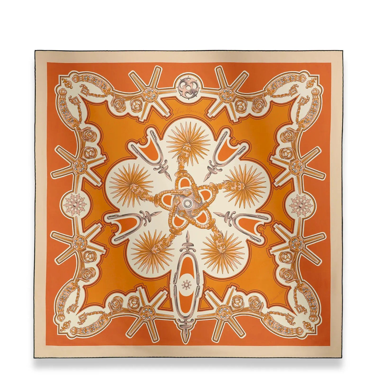 HERMÈS BEIGE ORANGE CUIR MANGUE LES ÉPERONS 90 SCARF