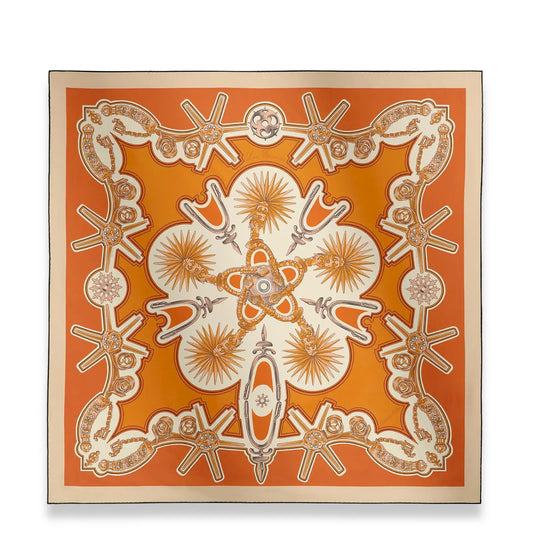 HERMÈS BEIGE ORANGE CUIR MANGUE LES ÉPERONS 90 SCARF