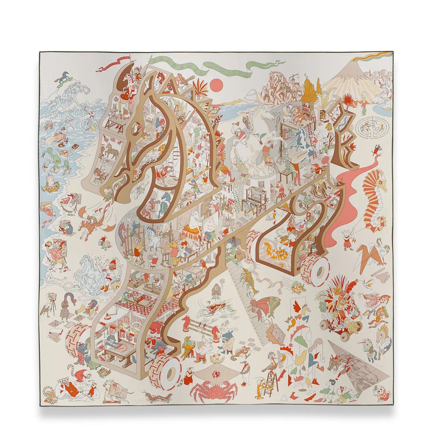 HERMÈS BLANC ROSE POUDRE BEIGE ACADEMIA HIPPICA 90 SCARF