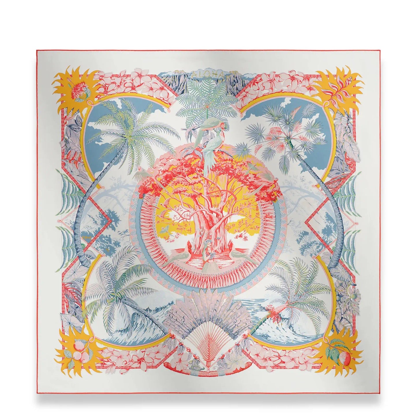 HERMÈS BLANC ROUGE GRIS BLEUTÉ ALOHA 90 SCARF