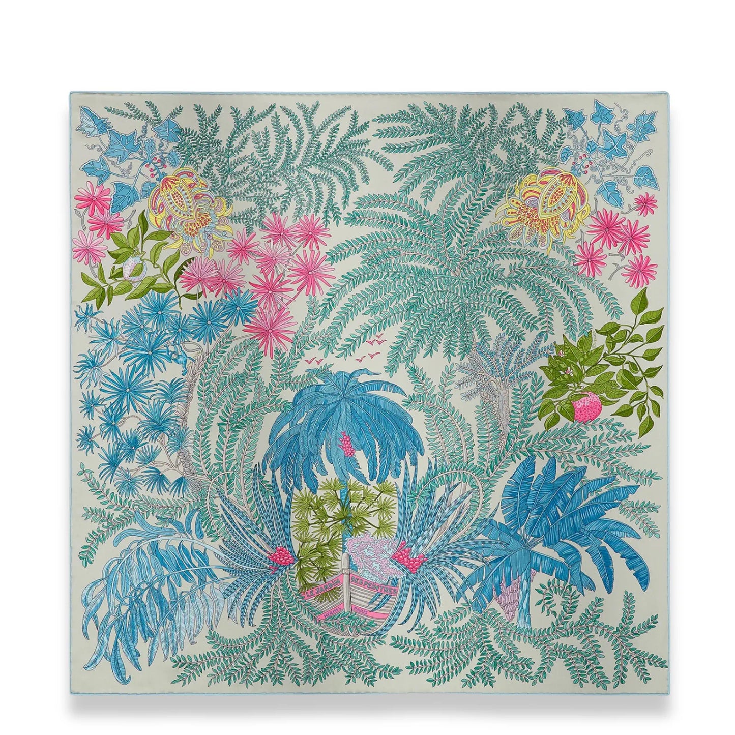 HERMÈS GRIS PERLE TURQUOISE ROSE LE JARDIN DES PEINTRES 70 SCARF