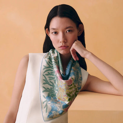 HERMÈS GRIS PERLE TURQUOISE ROSE LE JARDIN DES PEINTRES 70 SCARF