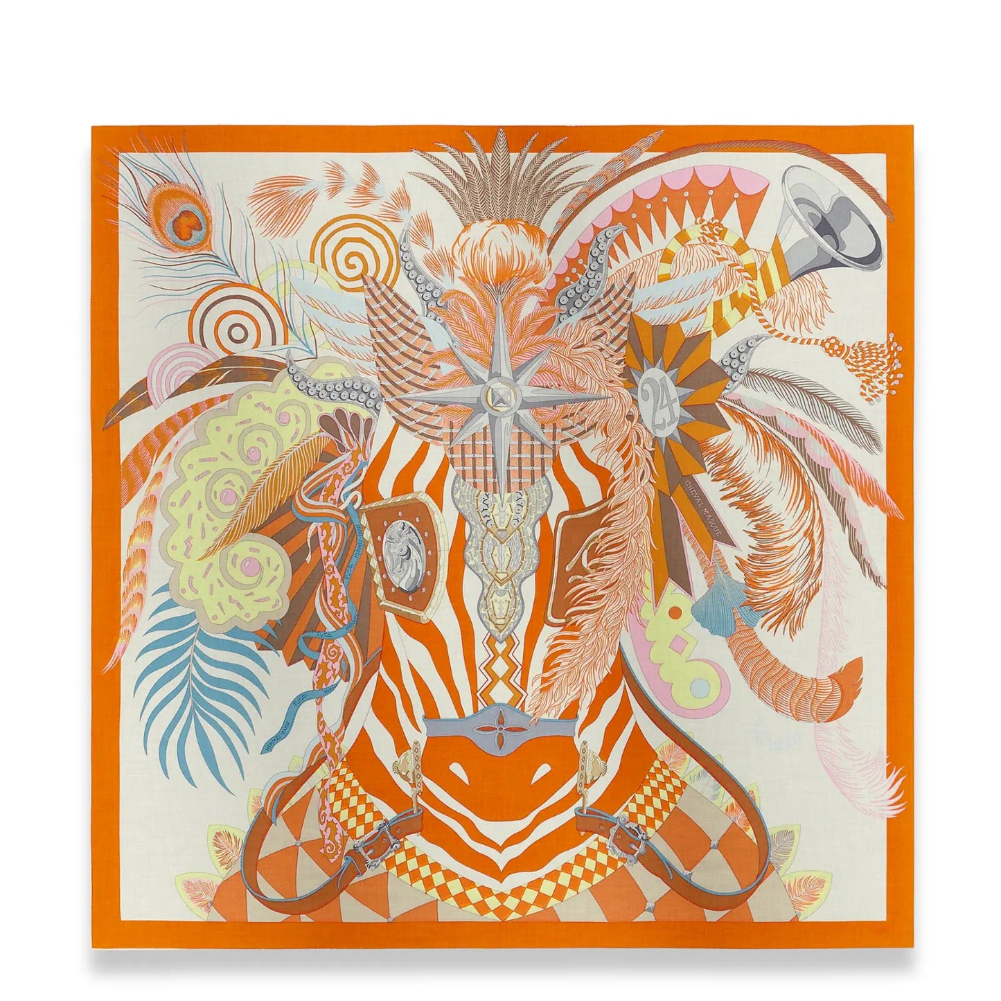 HERMÈS ORANGE CUIR CHEVAL MASQUÉ 140 SHAWL